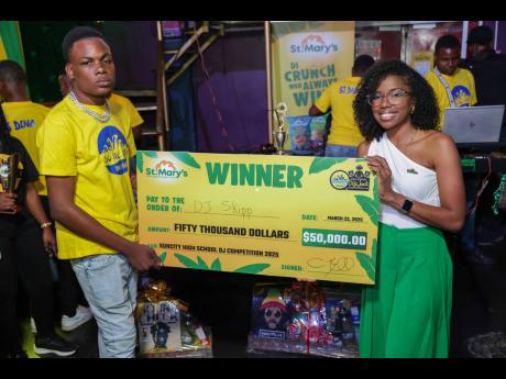 Credit: Contributed Candise Bulli, brand manager, St Mary’s Snacks, presents the winning cheque to DJ Skipp, the 2025 winner of the high-school competition.