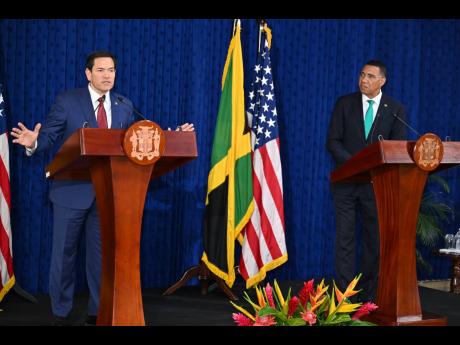 Prime Minister, Dr Andrew Holness (right), with United States Secretary of State, Marco Rubio at a joint press conference at the Office of the Prime Minister on March 26. 