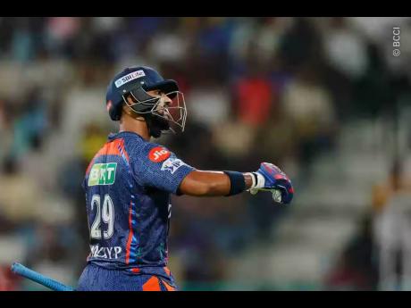 Lucknow Super Giants batsman, Nicholas Pooran, reacts during an Indian Premier League innings against the Punjab Kings at the Bharat Ratna Shri Atal Bihari Vajpayee Ekana Cricket Stadium in Lucknow, India yesterday.