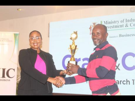 Robert Maxwell Campbell receiving his award for ‘Best Interior Product’ from Lliana Blake, acting senior director, Industry Division, Ministry of Industry, Investment and Commerce.   