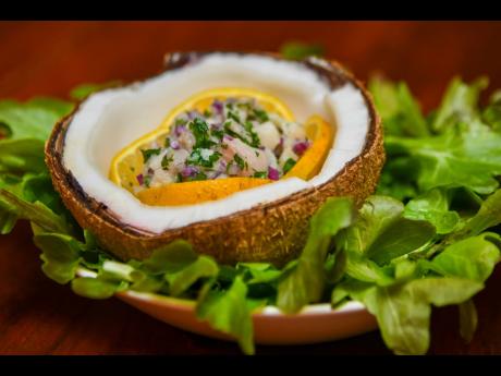 Local fish ceviche served with coconut water, sour orange and toasted coconut. 
