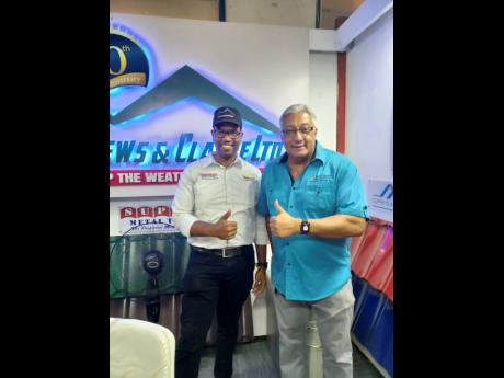 Gordon Matthews (left), co-owner and sales manager at Matthews & Clarke Ltd; and Andrew Stanigar, owner of Spectrum Systems give Expo Jamaica 2025 the thumbs up.