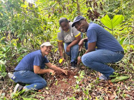Sophia Gooden-Morris (centre), forest technician at the Forestry Department, and volunteers from the Sandals Foundation are all smiles as they plant a Blue Mahoe seedling among 300 timber trees to enhance the forest ecosystem in the Bogue 2 Forest Reserve,