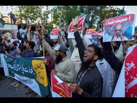 Supporters of the Pakistan Murkazi Muslim League party chants slogans during a demonstration against the suspension of water-sharing treaty by India with Pakistan, in Karachi, Pakistan Thursday, April 24.