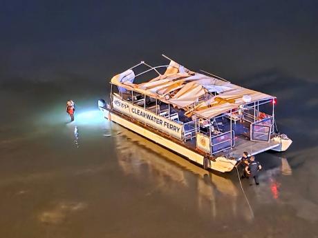 This image provided by Mike Boylan shows authorities at the scene of a boat crash that involved a public ferry carrying 45 passengers near Clearwater Beach. Florida, Sunday, April 27, 2025. (Mike Boylan via AP)