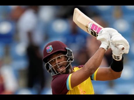 In this November 17, 2024 photo, West Indies cricketer Shai Hope plays a shot during the fifth T20 International cricket match in Gros Islet, St Lucia.