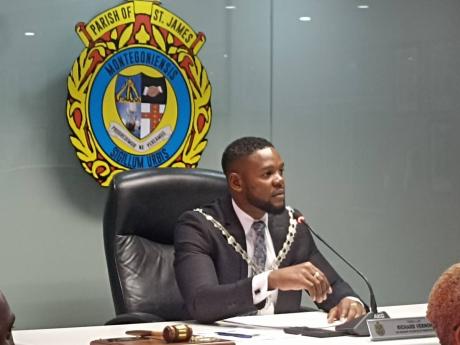 Montego Bay Mayor Richard Vernon chairing the monthly meeting of the St James Municipal Corporation on April 10.