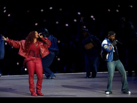 Kendrick Lamar and SZA perform during halftime of the NFL Super Bowl 59 football game between the Kansas City Chiefs and the Philadelphia Eagles on February 9 in New Orleans. Now, the two are on their Grand National tour in Europe.