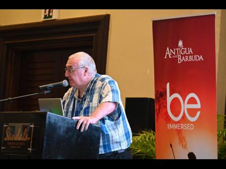 Credit: Janet Silvera photo James Hepple, managing director of Tourism Analytics, presenting at the Caribbean Travel Market’s Caribbean Travel Forum at Sandals Antigua on Monday.