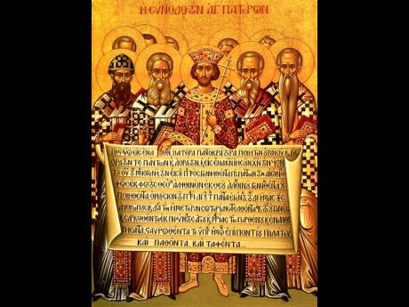 Icon depicting the Emperor Constantine and the bishops of the First Council of Nicaea (325) holding the Niceno – Constantinopolitan Creed of 381.