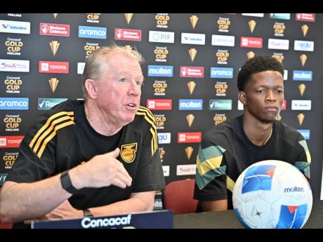 Steve McClaren, head coach of the Reggae Boyz, and defender Richard King during a press conference at Sabina Park on Monday, March 24, 2025