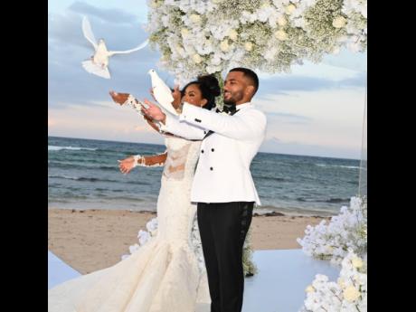 On May 10 at The Palms in Rose Hall, Montego Bay, the newly-weds exchanged vows and released doves as a symbol of their commitment and faithfulness to each other. 