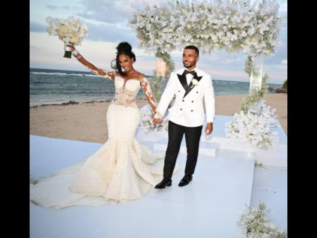 Left: Celebrating their union, Jodae glows in a custom gown by Ghanaian designer Shapes by Nelson, while her groom looks sharp in a tux by Bespoke by Noir.