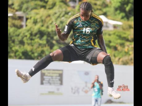 Jamaica’s Warner Brown celebrates scoring the only goal of a Concacaf World Cup Qualifier against the British Virgin Islands at the A.O. Shirley Recreational Ground yesterday.