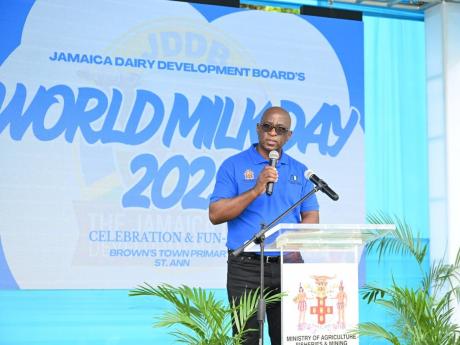 Credit: JIS News Chief Technical Director in the Ministry of Agriculture, Fisheries and Mining, Orville Palmer, addressing the World Milk Day ceremony at Brown’s Town Primary School in St Ann.