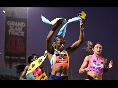 Credit: Gladstone Taylor United States athlete Melissa Jefferson-Wooden celebrates winning the women’s 100 metres on day two of the inaugural Grand Slam Track event at the National Stadium.