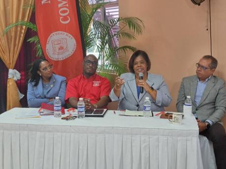 Dr Michelle Pinnock (second right), regional director of the Ministry of Education’s Region Four, addresses a question-and-answer session during the launch of the Montego Bay Community College’s (MBCC) 50th anniversary celebration in Montego Bay, St Ja