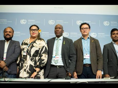 From left: Ziaul Haque, Mitigation Negotiator for the LDCs; Anne Rasmussen, lead climate negotiator for the Alliance of Small Island States; Evans Njewa, LDC chair; Raju Pandit, finance negotiator for the LDCs; and Thibyan Ibrahim, finance negotiator for A