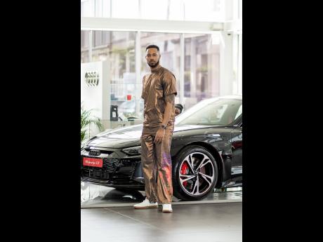 Above: Inspired by his ‘Iron Man’ look, Lucien Harrison suited Anthony Tracey with a sleek metallic look.