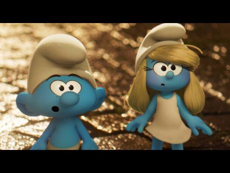 This image released by Paramount Animation shows No Name, voiced by James Corden (left) and Smurfette, voiced by Rihanna in a scene from ‘Smurfs’.