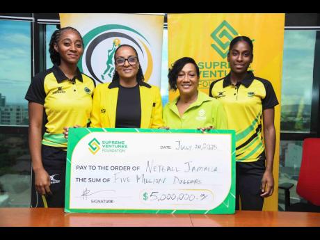 From left: Netballer Tamera Jarrett; Karen Rosen-Baugh, President of Netball Jamaica; Heather Goldson, Chief Marketing Officer at the Supreme Ventures Group; and netballer Jessica Chaplain at a ceremony where SVL presented Netball Jamaica with a $5,000,000