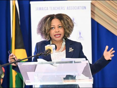 Education Minister Dr Dana Morris Dixon addresses the final day of the Jamaica Teachers’ Association’s 61st annual conference at the Princess Grand Hotel in Green Island, Hanover, on Wednesday.