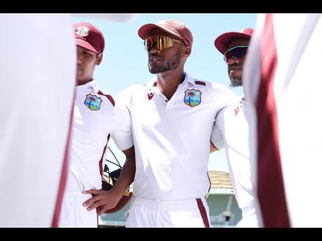 CWI Media 
Kraigg Brathwaite, then captain of the West Indies, speaks to his team ahead of a game.