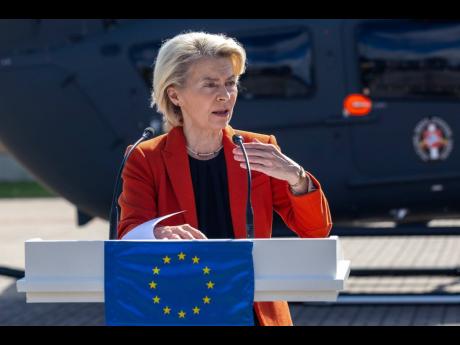 President of European Commission Ursula von der Leyen speaks during a joint press conference with Lithuania’s President Gitanas Nauseda at the Border Guard School near Lithuanian-Belarusian border, near the village Medininkai, east of the capital Vilnius