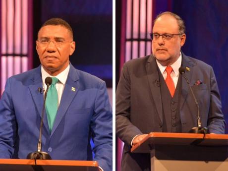 Prime Minister Dr Andrew Holness and Opposition Leader Mark Golding at the leadership election debate for the 2025 general election.
