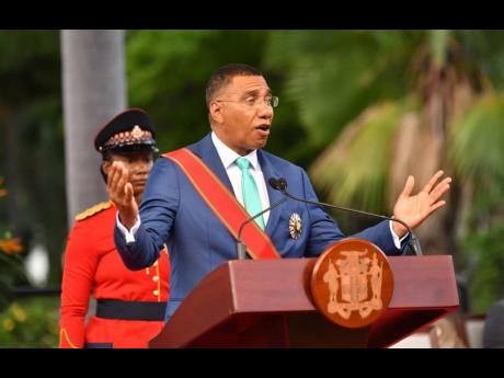 Prime Minister Dr Andrew Holness delivering his address after taking the oath of office at his swearing-in at King’s House.