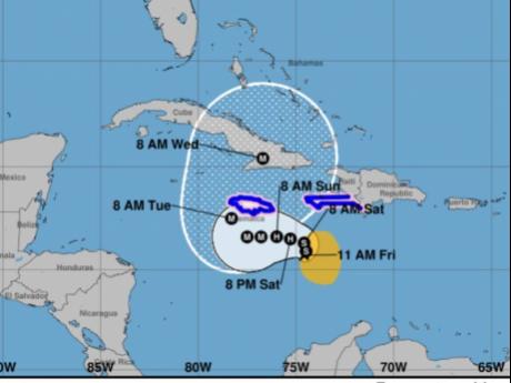 Credit: This NOAA graphic shows the projected path of Tropical Storm Melissa in the Central Caribbean Sea.