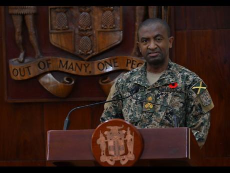Credit: JIS News Jamaica Defence Force (JDF) Brigadier, O'Neil Bogle, addressing a sspecial press briefing at the Office of the Prime Minister on Friday, October 24.