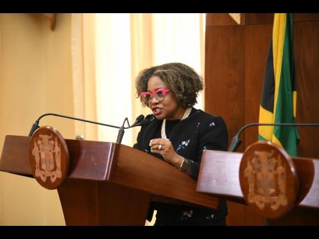 Minister of Education Dr Dana Morris Dixon addressing a special press briefing on Hurricane Melissa on November 3, 2025 at Jamaica House in St Andrew on November 3.