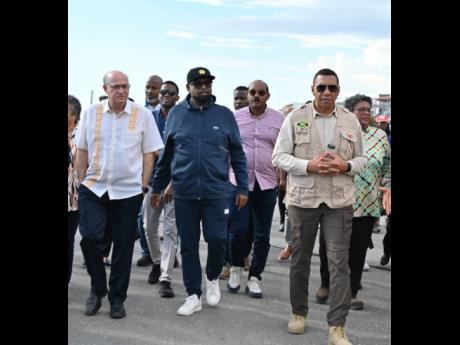 Credit: Ashley Anguin From left: Inter-American Development Bank President Ilan Goldfajn, Grenada's Prime Minister Dickon Mitchell, Guyana's President Irfaan Ali, Antigua and Barbuda's Prime Minister Gaston Browne, Jamaica's Prime Minister Dr. Andrew Holness, and Barbados' Prim