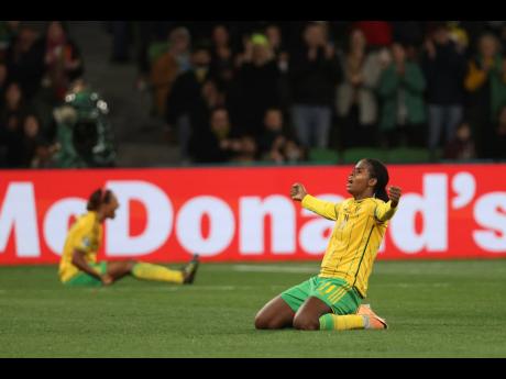 Jamaica’s Khadija Shaw celebrates qualification to the round of 16 at the Women’s World Cup after a Group F game against Brazil in Melbourne, Australia, on August 2, 2023.