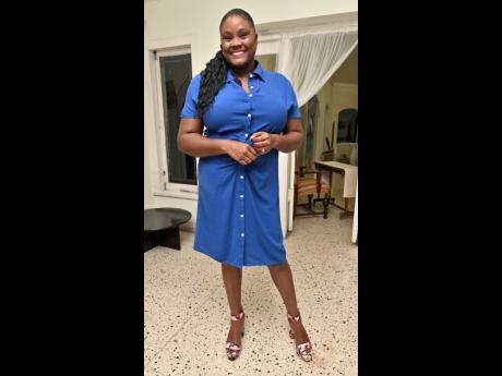 Credit: Rudolph Brown Presenter TK Dawkins styles a royal-blue shirt dress with patterned block heels.