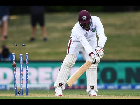 West Indies batter Ojay Shields is bowled by New Zealand’s Jacob Duffy during the second day of their Test match in Christchurch, New Zealand, on Tuesday.
