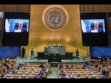 Palestine President Mahmoud Abbas addresses the 80th session of the United Nations General Assembly via video, on September 25.