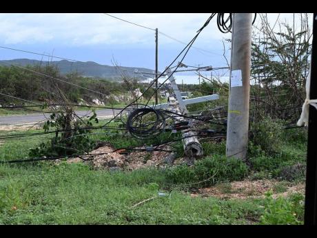 A downed JPS utility pole in Hellshire, Portmore, St Catherine on October 29, 2025 following the passage of Hurricane Melissa.