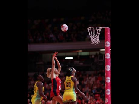 Courtesy of @englandnetball/IG 
England’s goal shooter takes a shot during the first Test of the Horizon Vitality Netball series at the Copper Box Arena yesterday.
