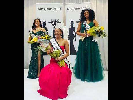 Kira McKenzie wears the title Miss Jamaica UK 2025 surrounded by first runner-up Siobhan Witter (right) and second runner-up Dominque Harvey.