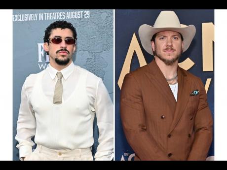 This combination of photos shows Bad Bunny (left) at the première of ‘Caught Stealing’ in New York on August 26, 2025 and Brandon Lake at the 59th Annual Country Music Association Awards in Nashville, Tennessee, on November 19, 2025. 