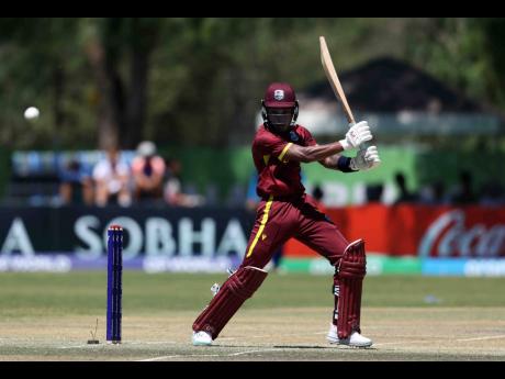 West Indies U19 wicketkeeper-batsman Jewel Andrew plays a shot square of the wicket during an innings of 57 against Afghanistan at the ICC U19 World Cup at the High performance Oval in Windhoek, Namibia, yesterday.