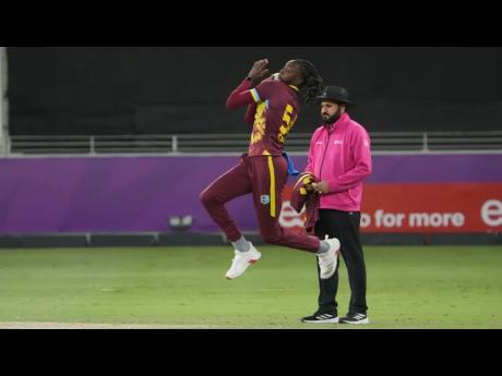 West Indies pacer Shamar Springer gets ready to deliver during the third T20I against Afghanistan at the Dhubai International Stadium yesterday. Springer ended with figures of 4-20 to lead West Indies to an unlikely victory.