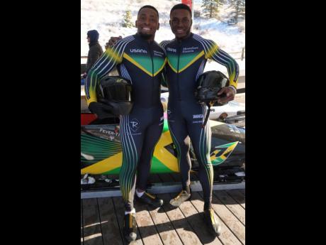 Joel Fearon (left) and Shane Pitter (right), members of Jamaica's two-man bobsled team to compete at the Winter Games.
