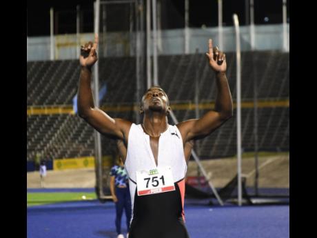 Tyquendo Tracey Celebrates his win in the 100m men’s final ahead of Yohan Blake and Oblique Seville at the National Junior and Senior Championships at The National Stadium in St Andrew on Friday, June 25, 2021.