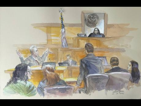 This courtroom sketch shows Ryan Routh, left, throwing his arms up directed at US District Judge Aileen Cannon in frustration as jury selection begins in the trial of Routh, who is charged with attempting to assassinate Donald Trump last year at a golf cou