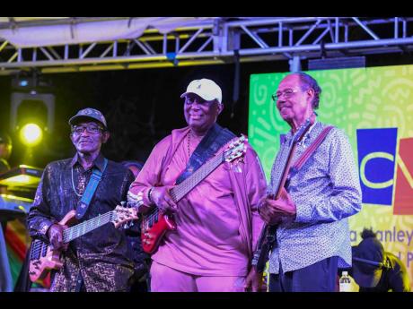 From left: Lloyd Parks, Jackie Jackson and Boris Gardner on stage after performing at JaRIA’s Reggae Wednesdays held at the Edna Manley College in Kingston.
