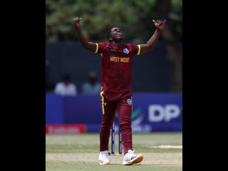 West Indies Under-19 bowler Vitel Lawes celebrates a wicket.