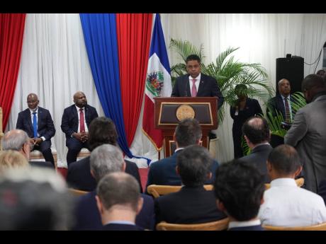 Presidential Council Chair Laurent Saint-Cyr speaks during a ceremony marking the end of the transitional council’s almost two-year rule, in Port-au-Prince, Saturday, February 7.